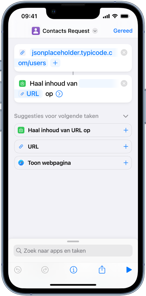 Een API-verzoek met een URL-taak die naar het eindpunt van de API verwijst, gevolgd door de taak 'Haal inhoud van URL op'.