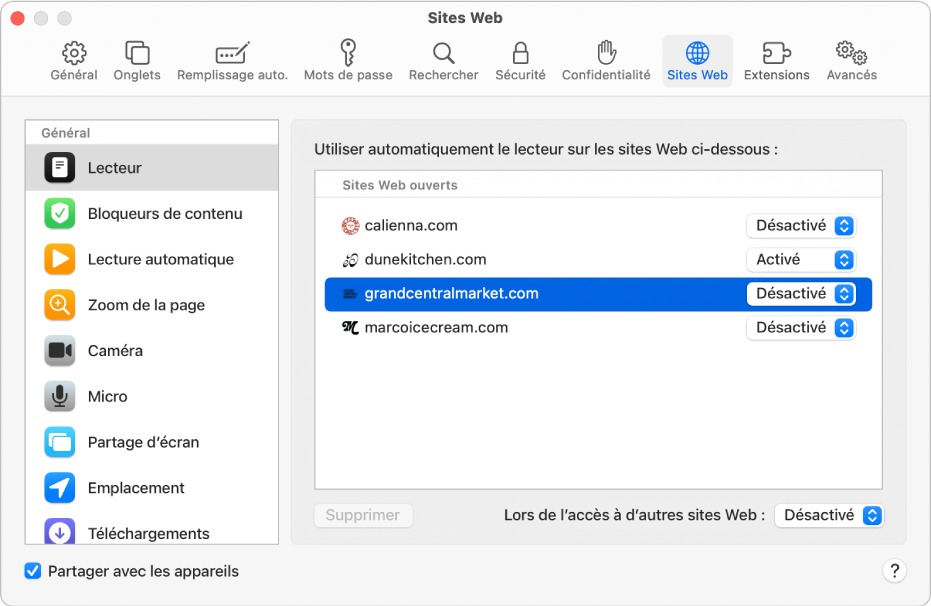 Une fenêtre affichant les préférences Safari des sites Web, avec l’option « Partager avec les appareils » sélectionnée sous la barre latérale.