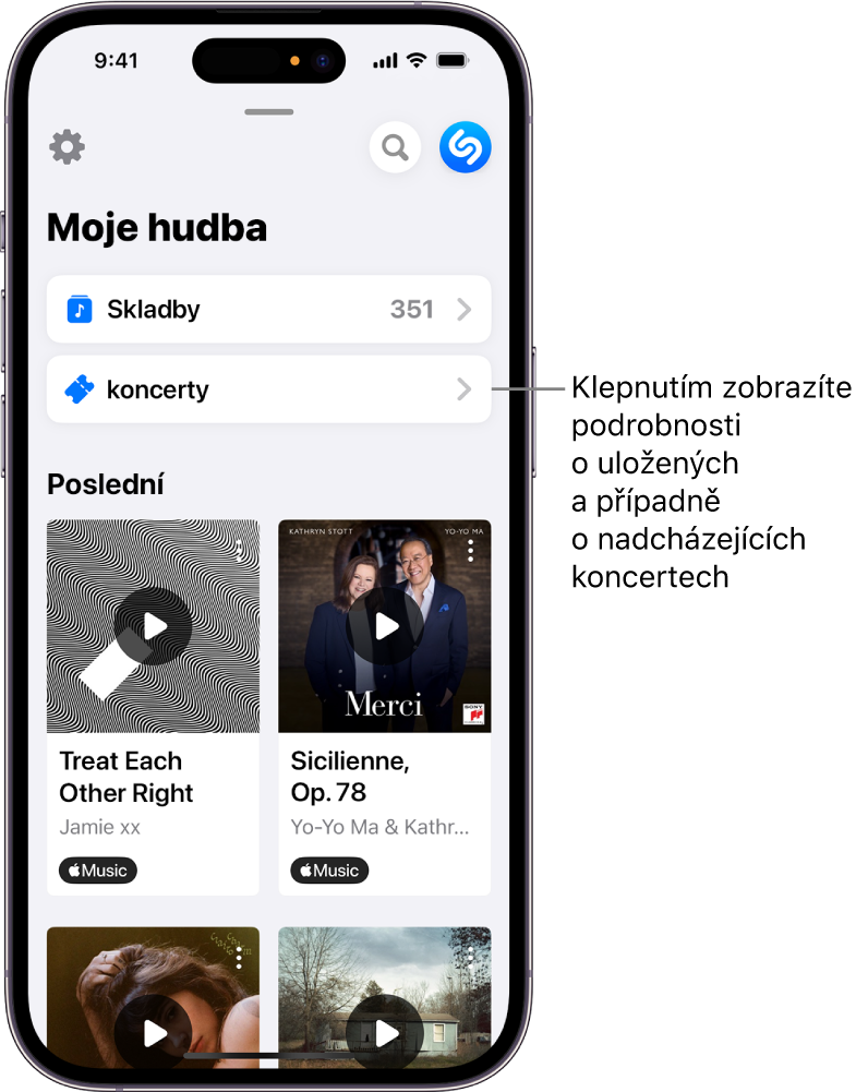 Stránka Moje hudba v Shazamu s tlačítkem Koncerty