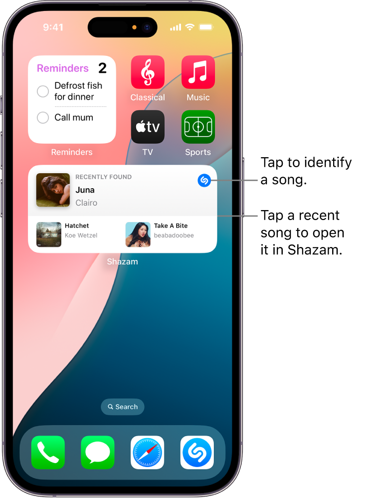 Today View on iPhone showing Shazam widget