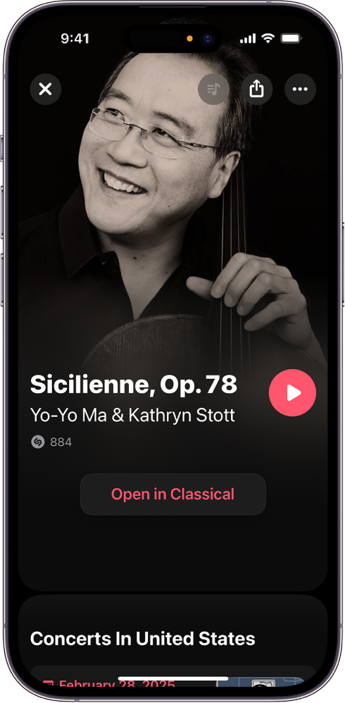 Shazam track screen displaying result of a classical song identification and the Open in Classical button