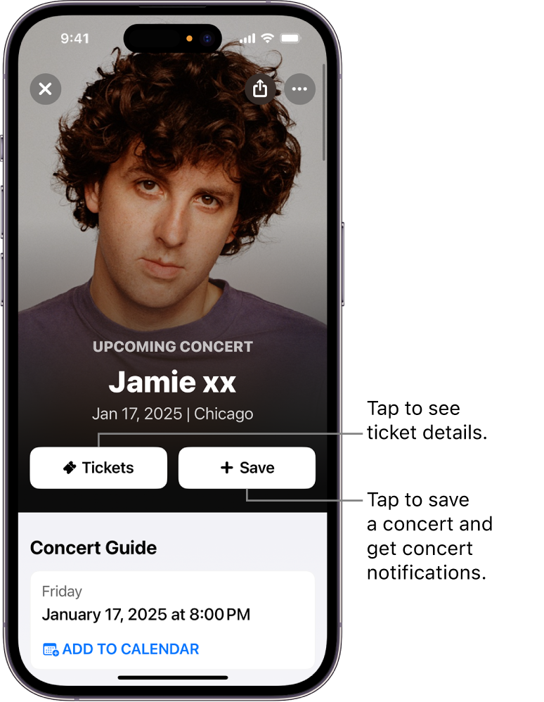 Shazam Concert Guide showing the Tickets and Save buttons and an upcoming concert date for the artist Jamie xx