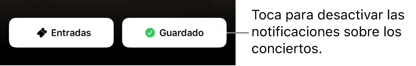 La guía de conciertos de Shazam muestra el botón Guardado con una marca de verificación que indica que está activado