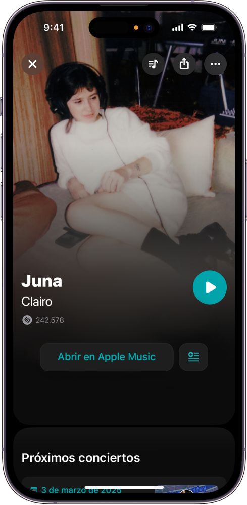 Pantalla de pista de Shazam mostrando el resultado de la identificación de la canción