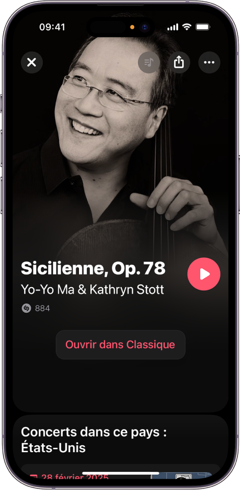 Page du morceau Shazam affichant le résultat de l’identification d’un morceau classique et le bouton « Ouvrir dans Classique ».