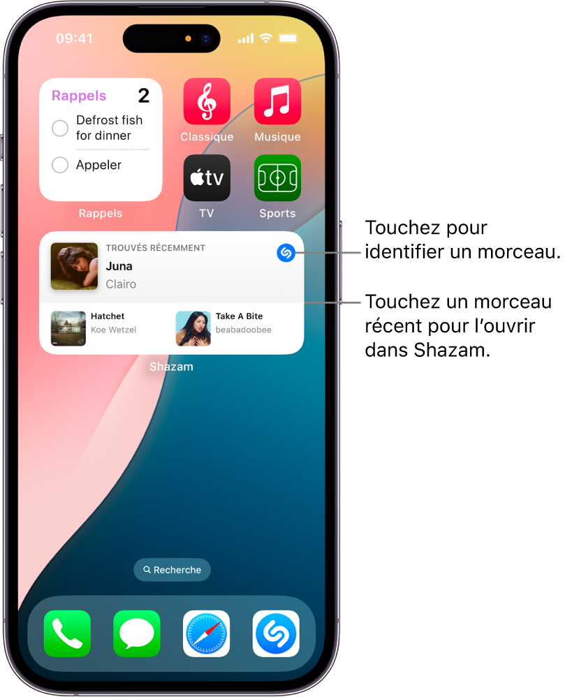 Affichage du jour sur un iPhone présentant le widget Shazam