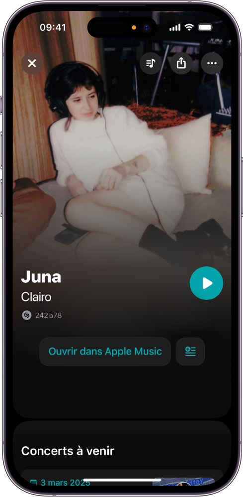 La page du morceau Shazam affichant le résultat de l’identification d’un morceau