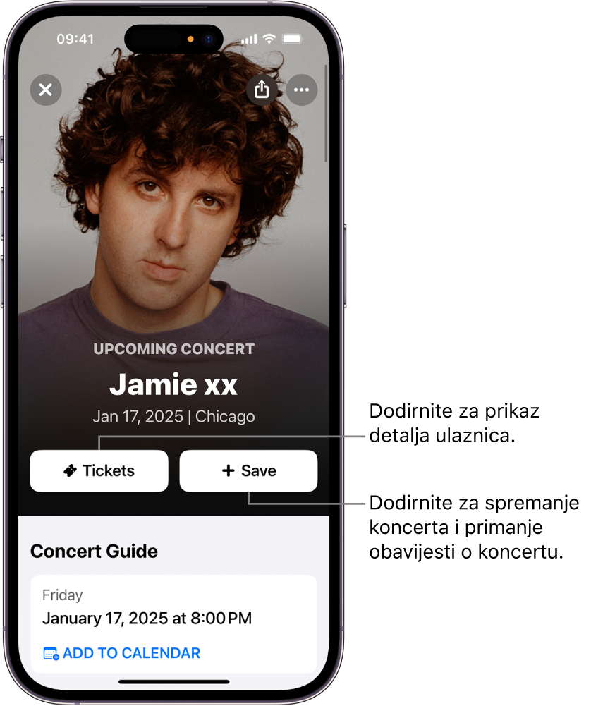 Concert Guide (Vodič za koncerte) u aplikaciji Shazam s prikazom tipki Tickets (Ulaznice) i Save (Spremi) te datumom nadolazećeg koncerta za izvođača Jamie xx