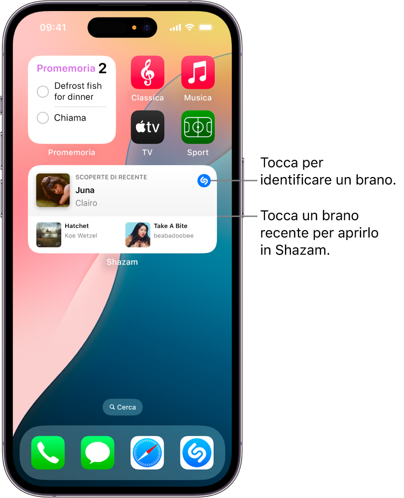 Vista oggi su iPhone che mostra il widget Shazam