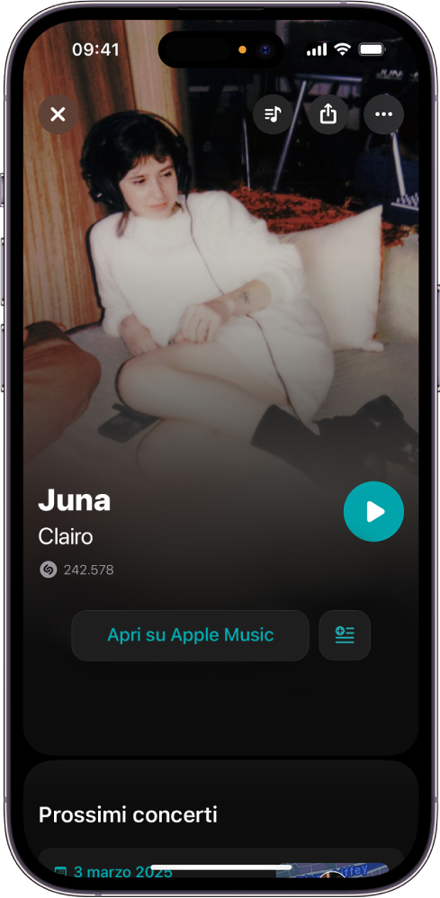 Schermata della traccia di Shazam che mostra il risultato di una canzone identificata