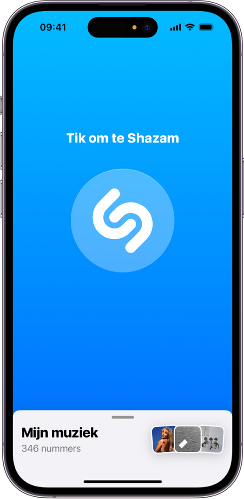 Het hoofdscherm van de Shazam-app met de Shazam-knop.