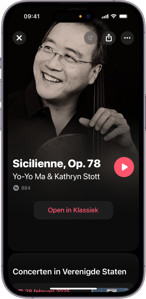 Het trackscherm in Shazam met het resultaat van een herkende klassieke song en de knop 'Open in Classical'.