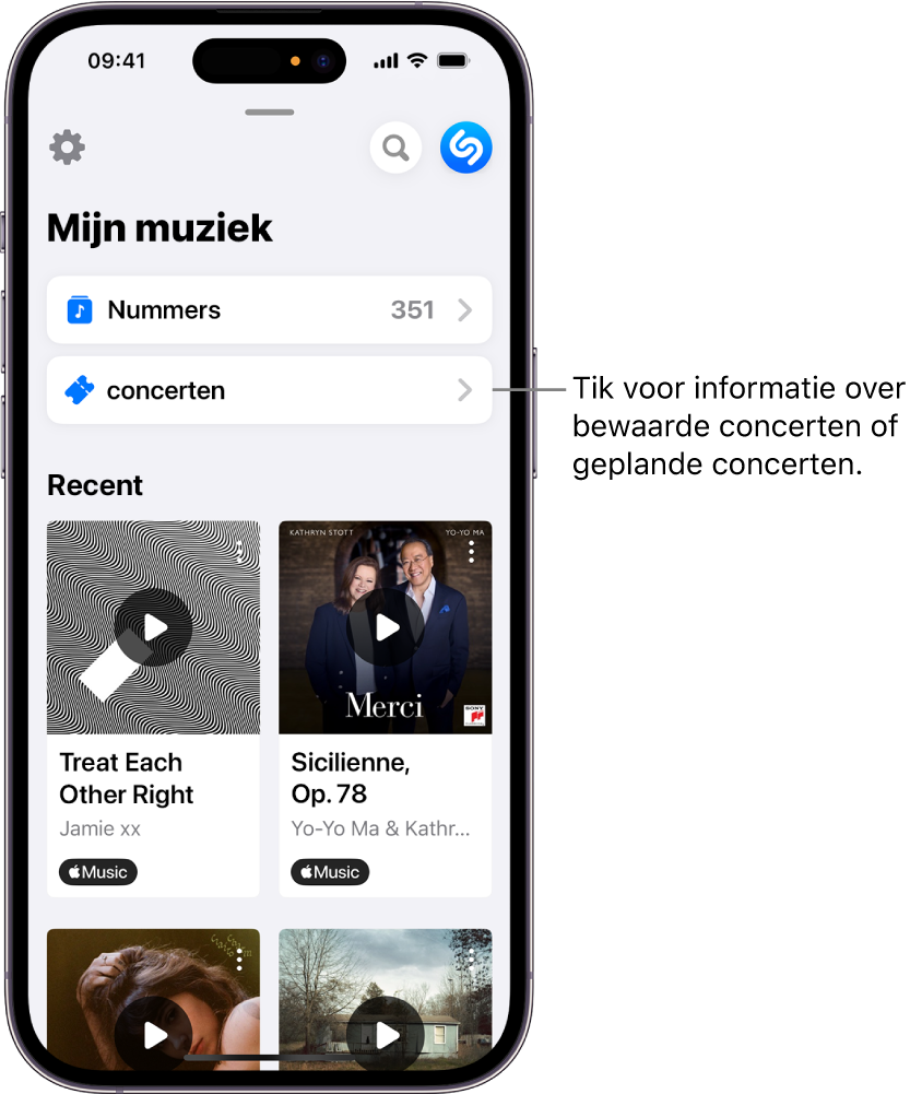 De 'Mijn muziek'-pagina in Shazam met de knop 'Concerten'.