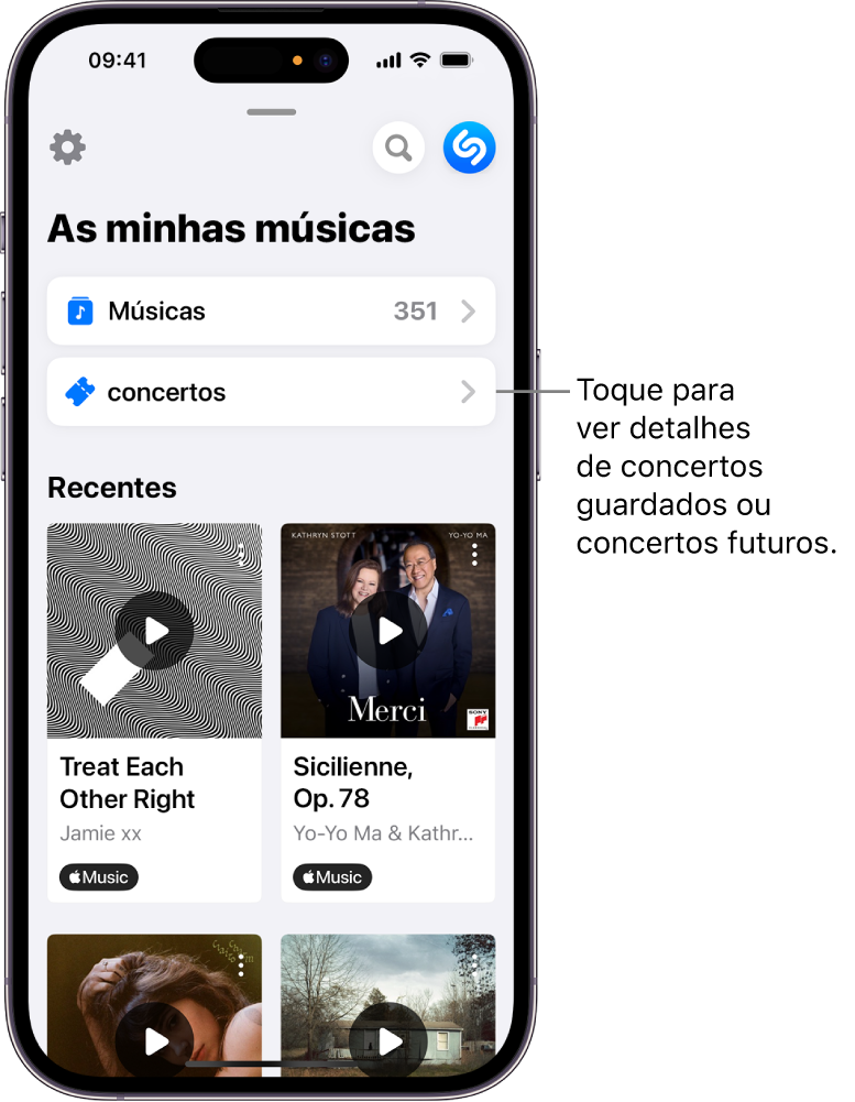 A página “Minha música” da aplicação Shazam a mostrar o botão Concertos
