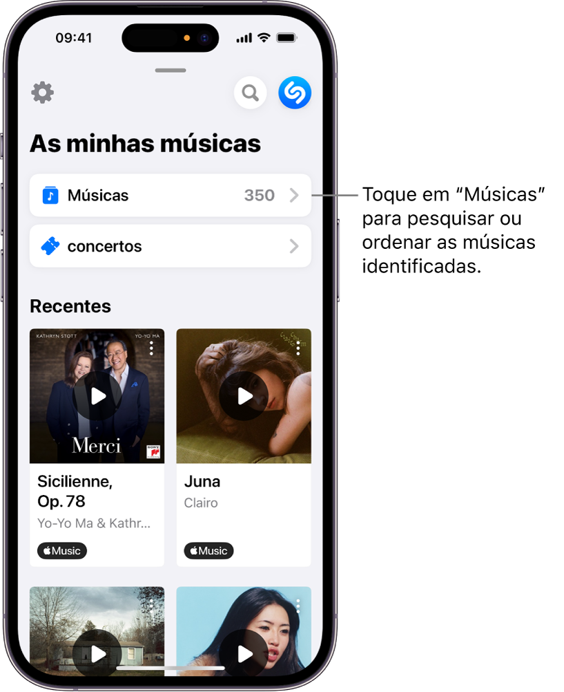 Lista de músicas identificadas, com o campo de pesquisa e controlo para percorrer a lista.