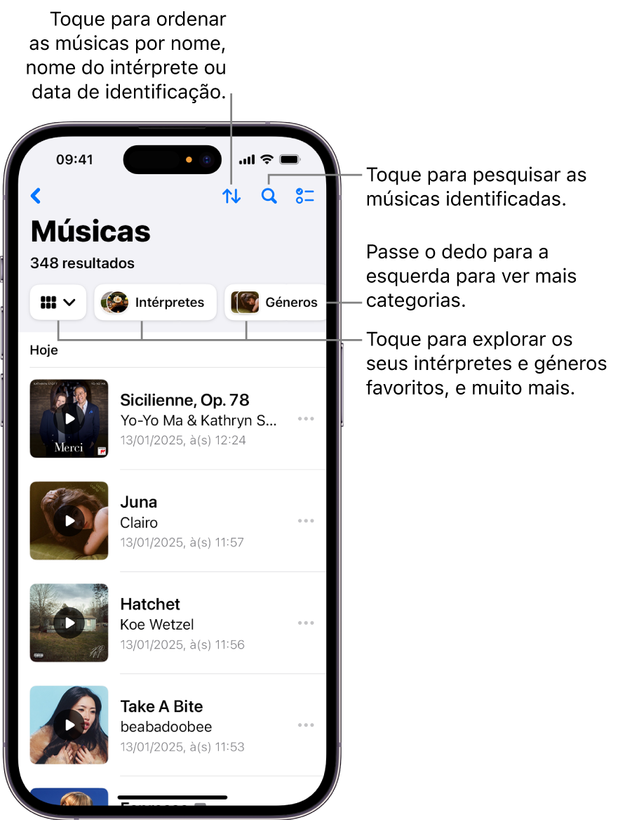 Lista de músicas identificadas, com o campo de pesquisa e controlo para percorrer a lista.