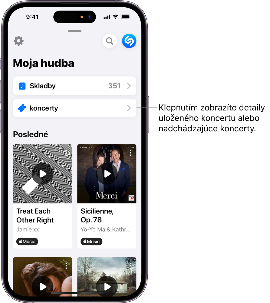 Stránka Moja hudba v Shazame s tlačidlom Koncerty