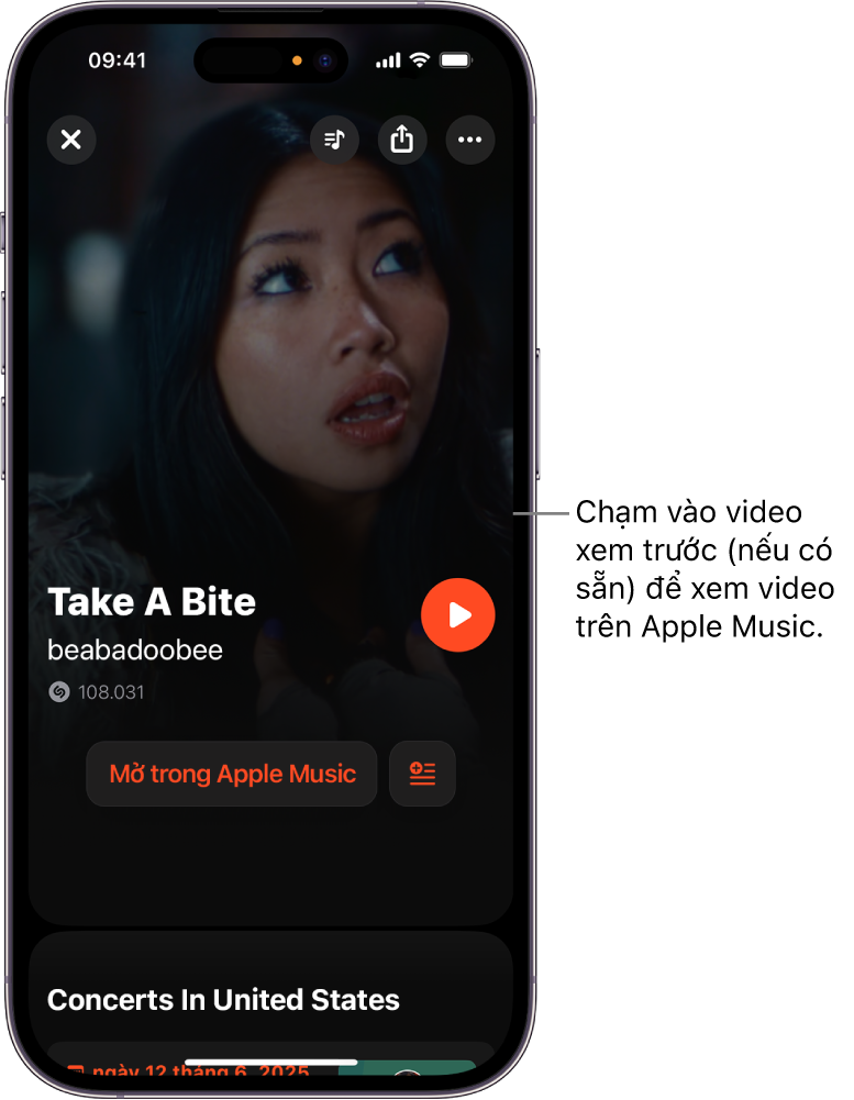 Màn hình bài Shazam đang hiển thị một bản xem trước video