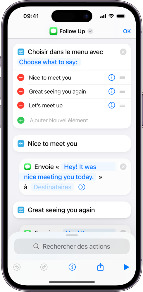 Exemple de raccourci montrant une action « Choisir dans le menu ».