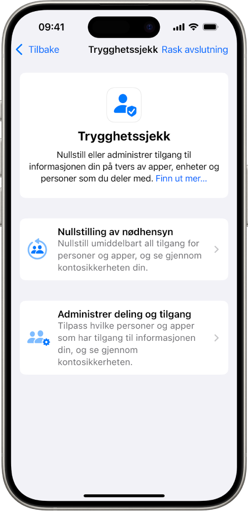 En iPhone som viser Trygghetssjekk-skjermen.
