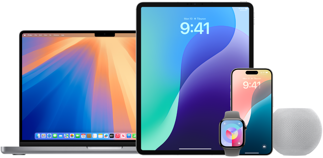 A MacBook, iPhone, iPad, Apple Watch, and HomePod.