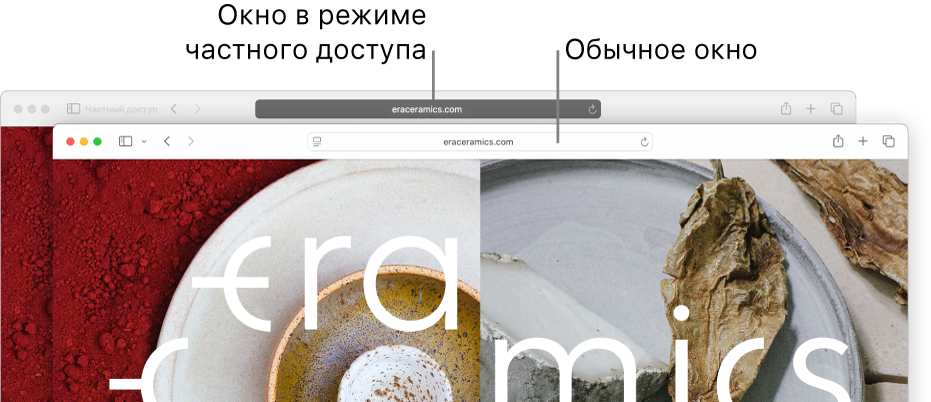 Частное окно Safari с темным полем смарт-поиска и обычное окно Safari со светлым полем смарт-поиска.