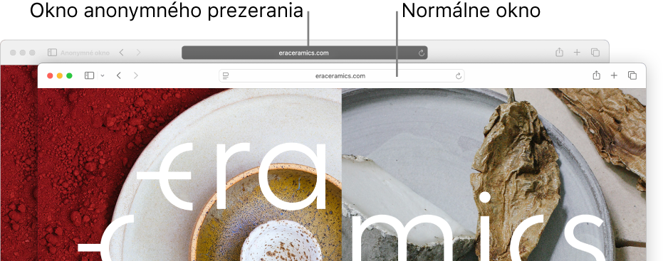 Anonymné okno v Safari s tmavým poľom dynamického vyhľadávania a normálne okno v Safari so svetlým poľom dynamického vyhľadávania.