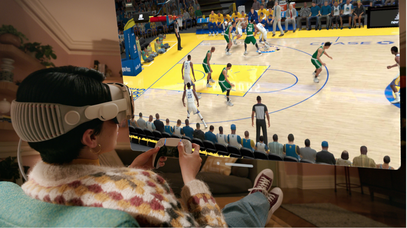 A person playing a game in Apple Arcade on Apple Vision Pro, using a connected controller.