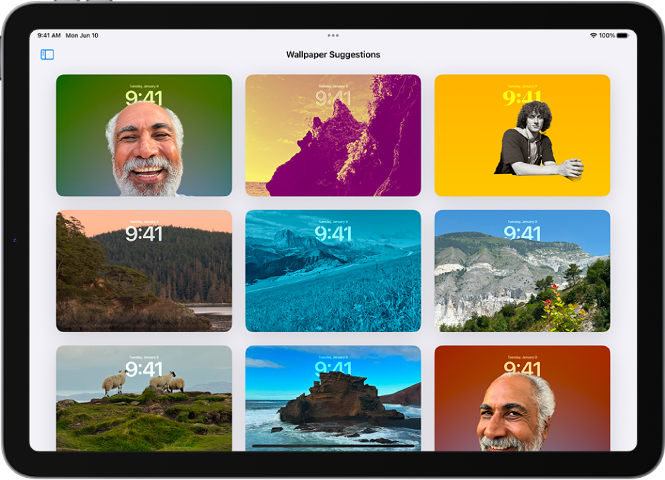 Wallpaper Suggestions is open in the Photos app. Automatically generated combinations of photos, filter effects, and clock face fonts appear as suggestions.