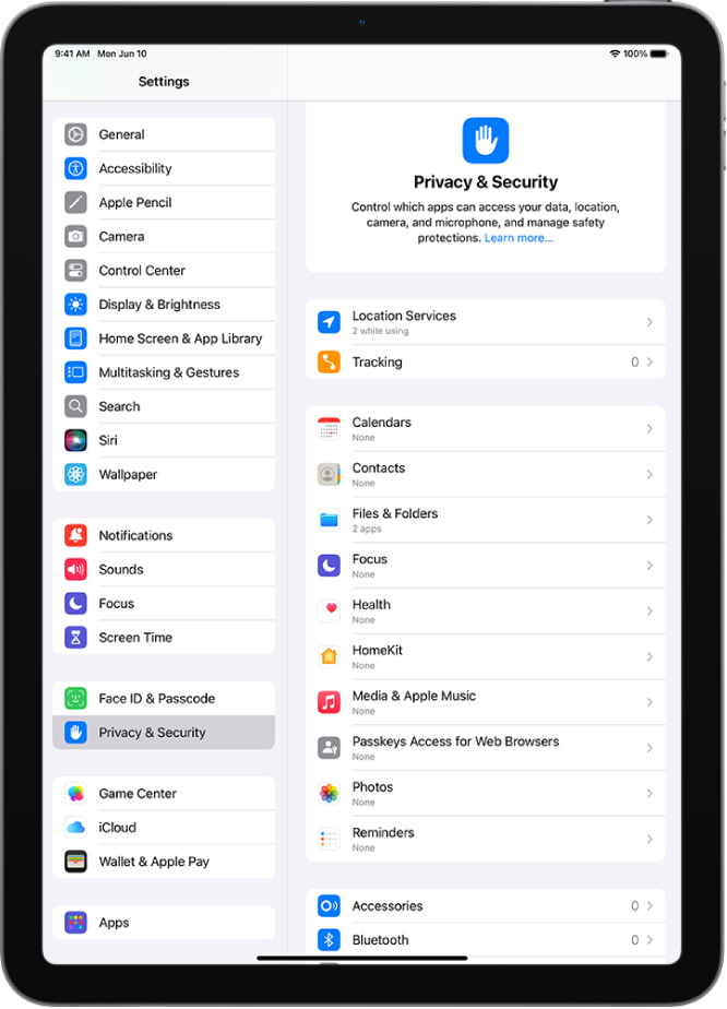 Location Services settings in Privacy & Security settings, with options for sharing the location of your iPad, including custom settings for individual apps.