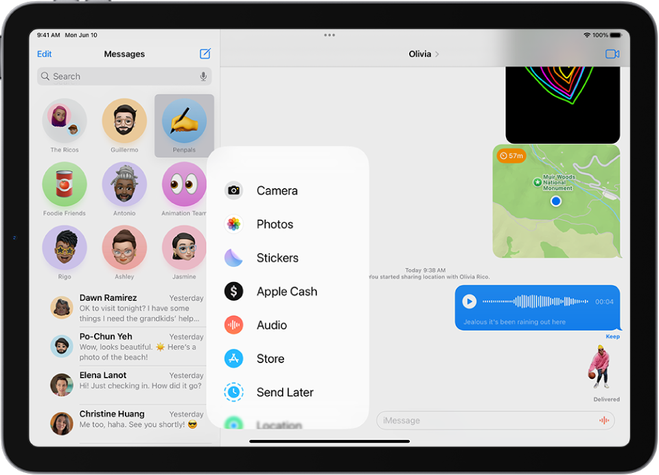 After tapping the Apps button in a Messages conversation a list of features to add to your message appears.