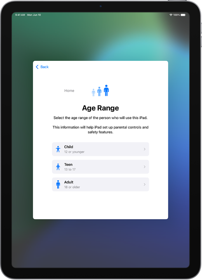 The Age Range setup screen. Three age ranges are listed: Child (12 or younger), Teen (13 to 17), and Adult (18 or older).