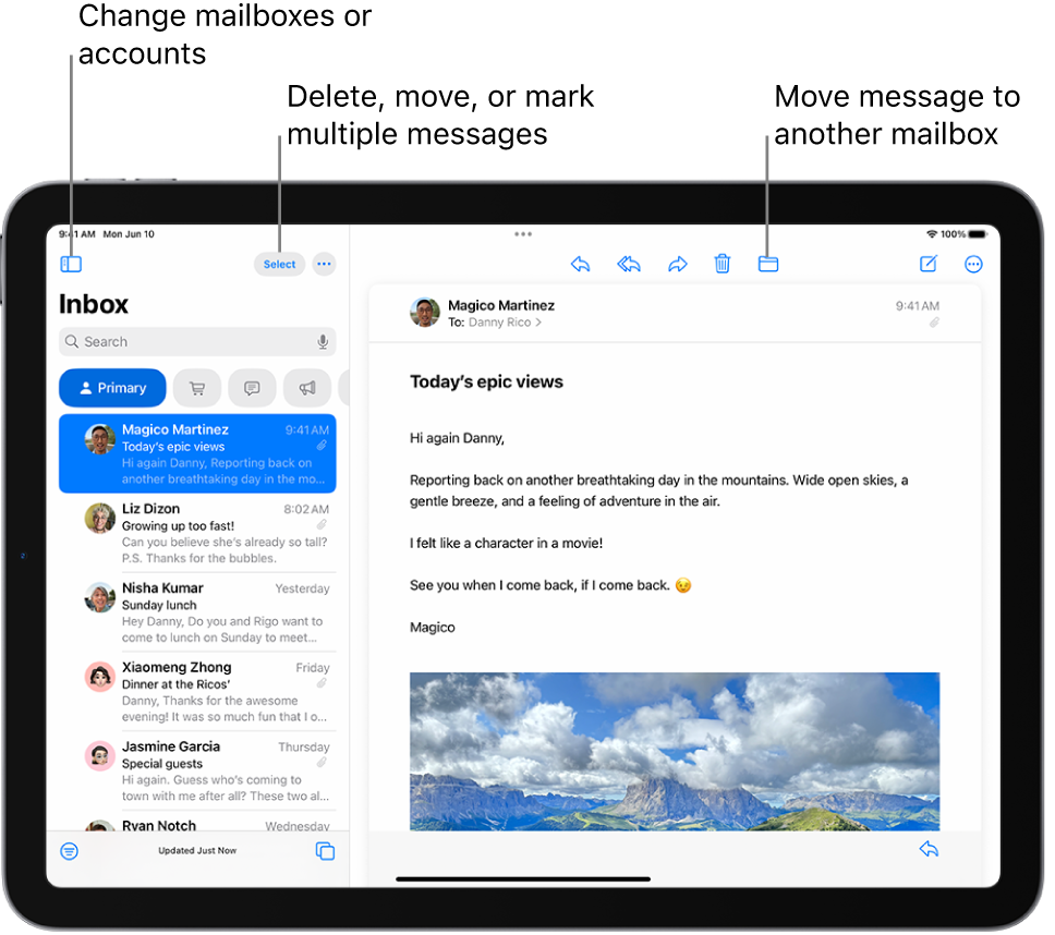 The Mail Inbox, with the list of emails on the left and an open email on the right.