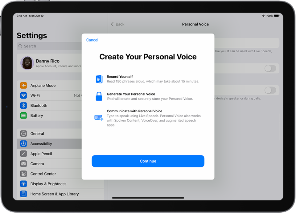 An iPad with information about how to create a Personal Voice.