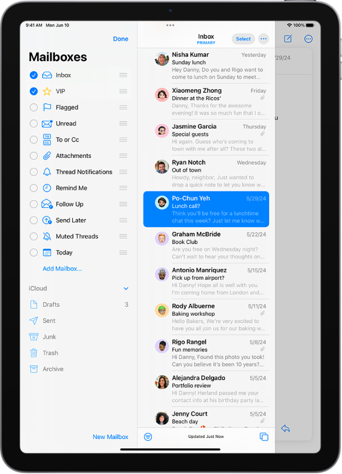 The Mailboxes edit screen. Optional Mailboxes are listed from top to bottom with a checkbox to the left of each option. At the bottom-right corner of the screen is a button labeled New Mailbox.