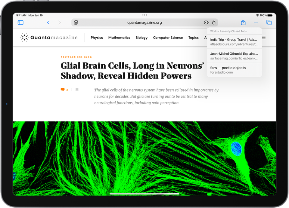 In Safari, a Tab Group is open. At the top right of the screen, the New Tab button is selected, and a list of three recently closed tabs is visible.