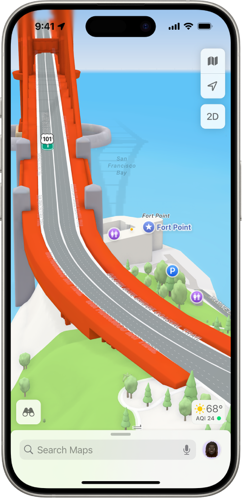 A 3D map in the Maps app, showing a bridge and a park.