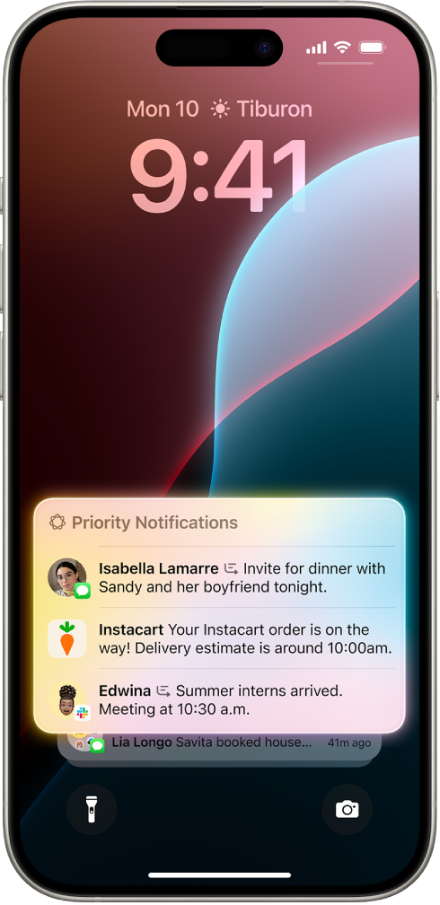 An iPhone showing the Lock Screen. At the bottom of the screen, time-sensitive notifications appear at the top of the notification stack.
