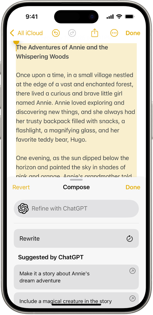 An iPhone showing text in the Notes app. At the bottom of the screen is the Compose with Writing Tools dialog that includes options to describe a change, rewrite, choose ChatGPT suggestions, and more.