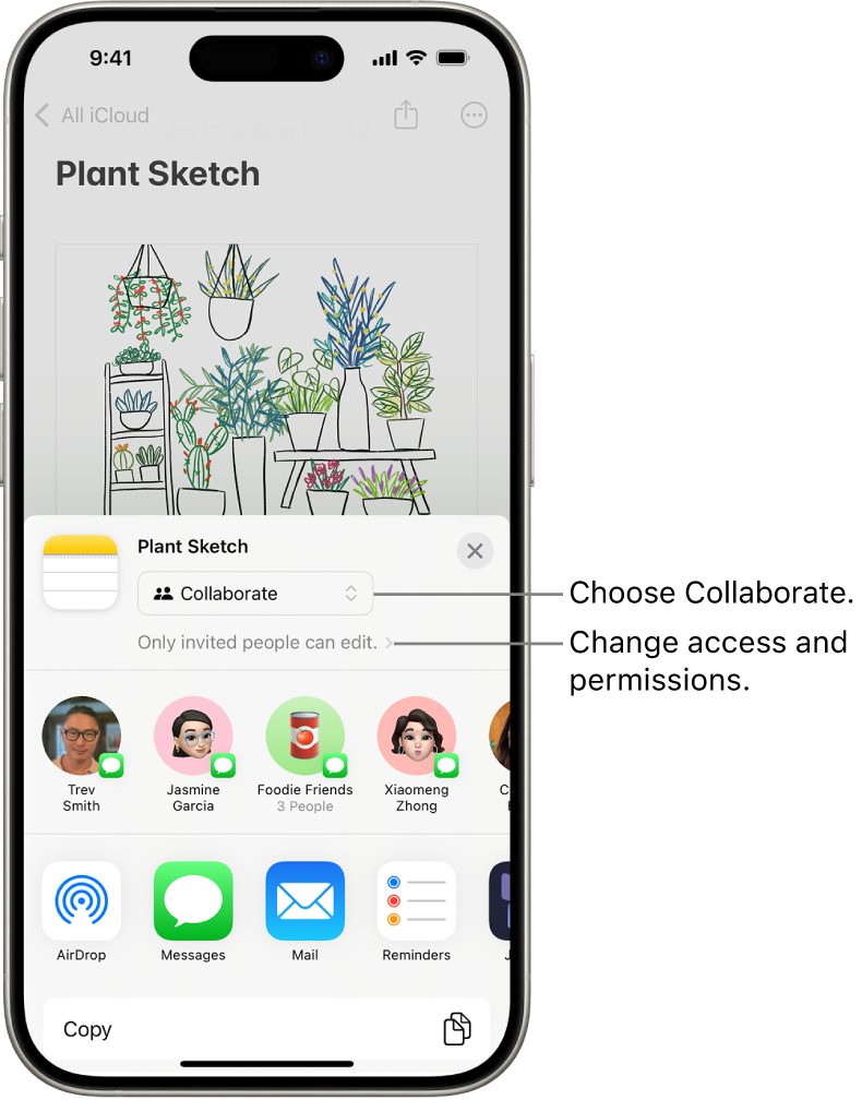 A collaboration invitation to a drawing in Notes, showing Collaborate for the share option and “Only people you invite can edit” as the access and permission setting. Four possible recipients, including a group, form a row below that. The bottom row offers different ways to share the note: AirDrop, Messages, Mail, and Freeform.