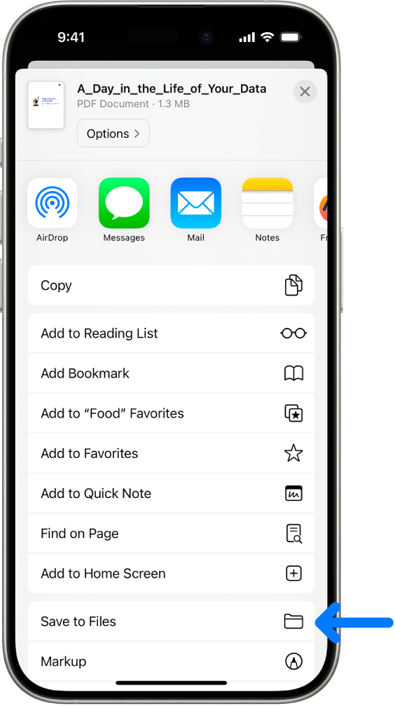 In Safari, the Share button on a PDF has been tapped, revealing a list of options including Save to Files near the bottom of the screen.