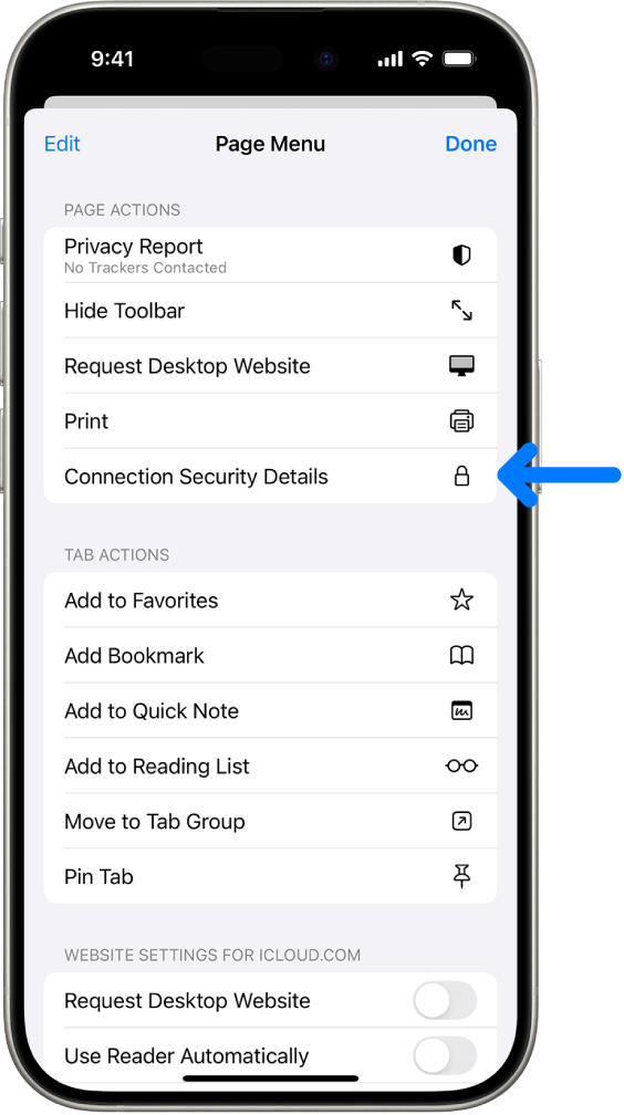 The Page Settings menu is open in Safari, and the Connection Security Details control is midway down the page.