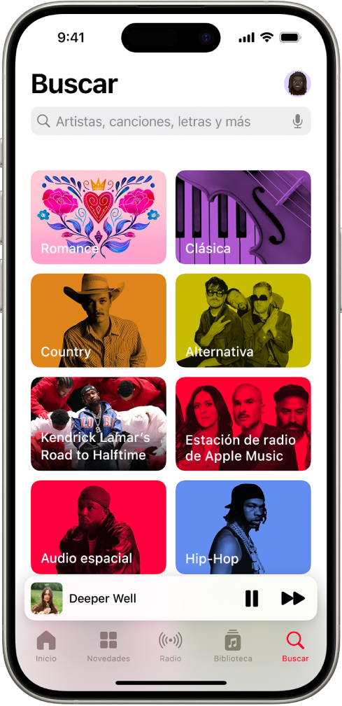La pantalla Buscar mostrando un campo de búsqueda en la parte superior. Debajo aparecen ocho categorías de música.