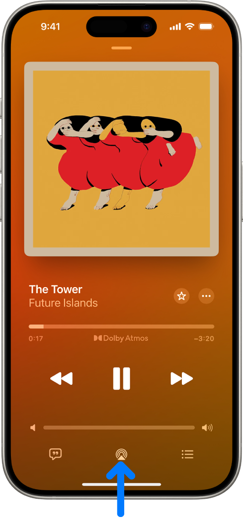Los controles de reproducción de una canción, incluyendo el botón Destino de la reproducción en la parte inferior de la pantalla.