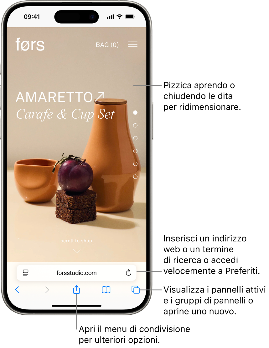 Un sito web aperto in Safari, con il campo dell’indirizzo in basso. Nella parte inferiore, da sinistra a destra, si trovano i pulsanti Indietro, Avanti, Condividi, Segnalibri e Pannelli.