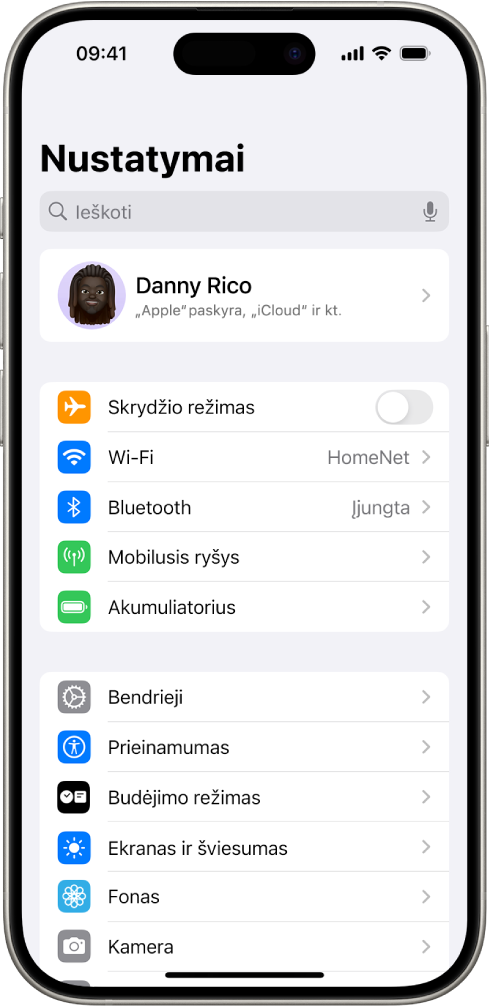 Ekranas „Nustatymai“, kurio viršuje yra paieškos laukas, o apačioje – keletas nustatymų, pvz., „Wi-Fi“, „Pranešimai“, „Garsai ir haptika“.