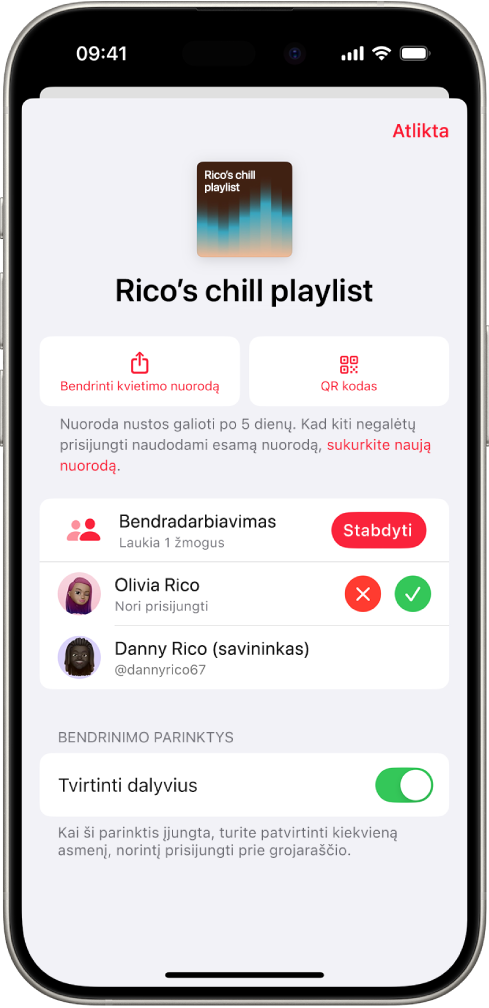 Programos „Muzika“ ekranas „Tvarkyti bendradarbiavimą“.