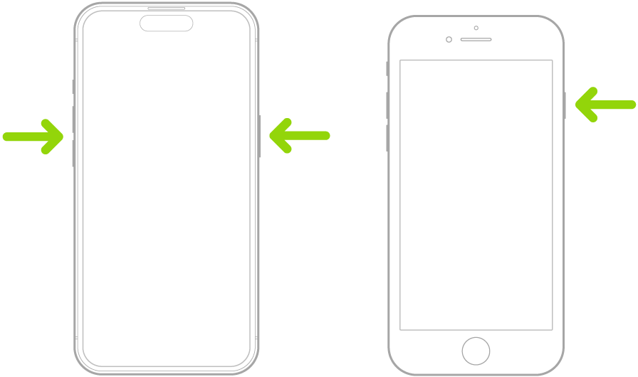 वरच्या बाजूला स्क्रीन असणाऱ्या दोन वेगवेगळ्या iPhone मॉडेलचे चित्रण. सर्वात डावीकडील चित्रण डिव्हाइसच्या डाव्या बाजूची ‘व्हॉल्यूम अप’ आणि ‘व्हॉल्यूम डाउन’ बटणे दाखवते आणि उजव्या बाजूला ‘साइड’ बटण दाखवते. सर्वात उजवीकडील चित्रण डिव्हाइसच्या उजव्या बाजूचे ‘साइड’ बटण दाखवते.
