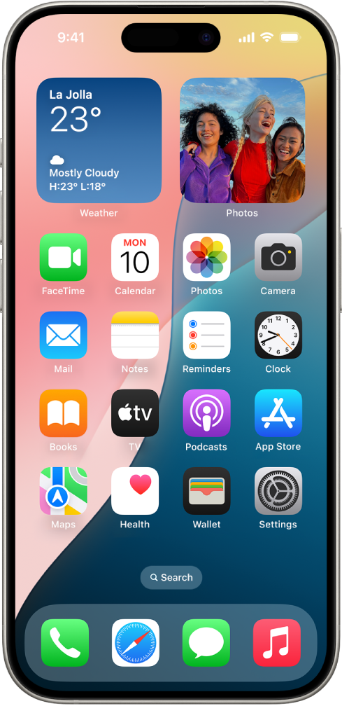 iOS 18 सह येणाऱ्या डिफॉल्ट होम स्क्रीनचे उदाहरण दाखवणारा स्क्रीनशॉट.