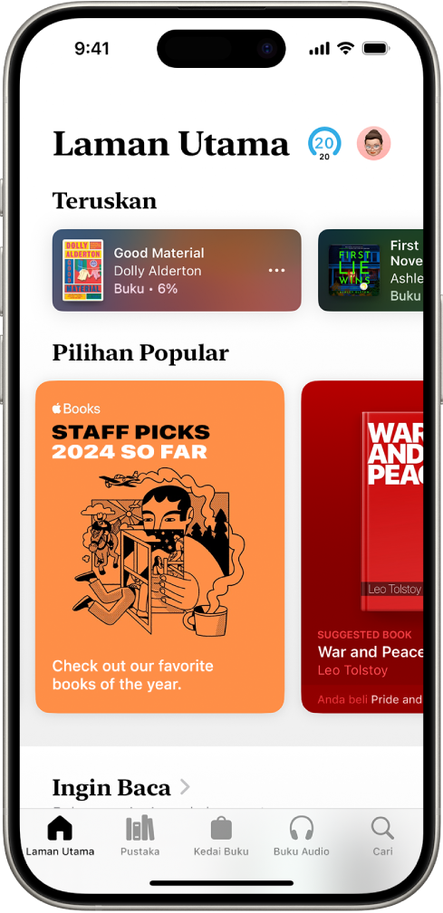 Skrin Laman Utama dalam app Buku. Di bahagian bawah skrin ialah, dari kiri ke kanan, tab Laman Utama, Pustaka, Kedai Buku, Buku Audio dan Cari. Tab Laman Utama dipilih.